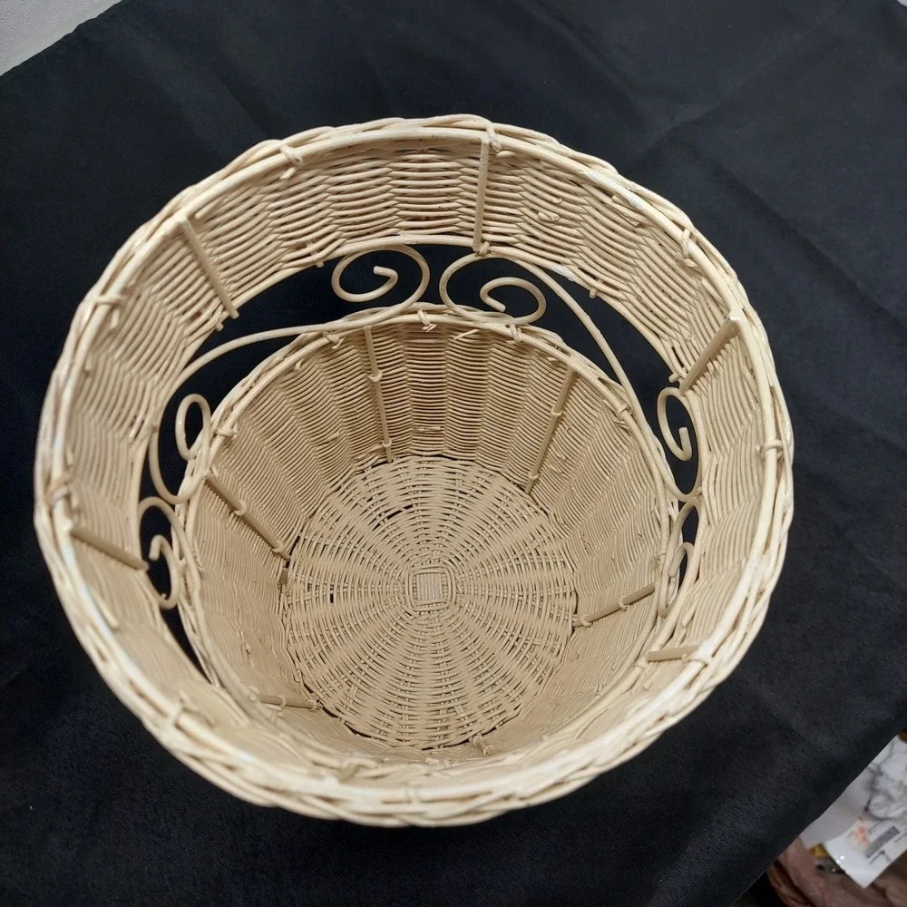 Vintage Wicker Wastebasket Cream White Scrollwork Metal Accents Storage Basket
